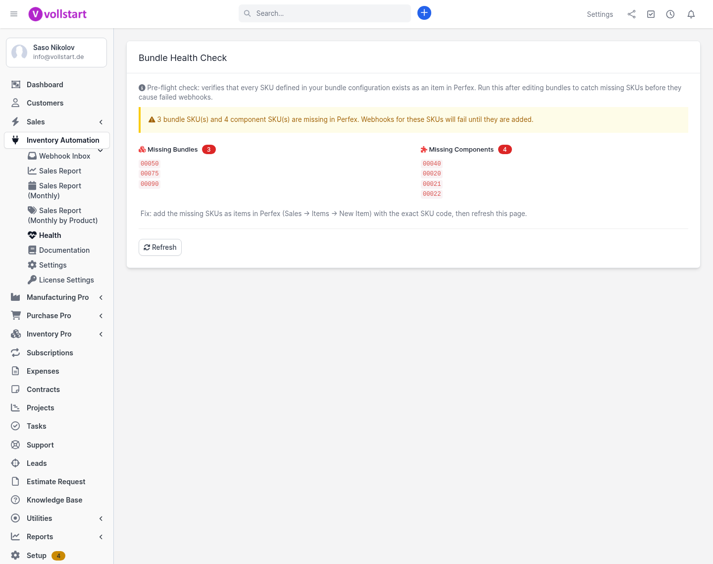 Inventory Automation bundle health check in Perfex CRM — verifies bundle SKUs exist before webhooks fail