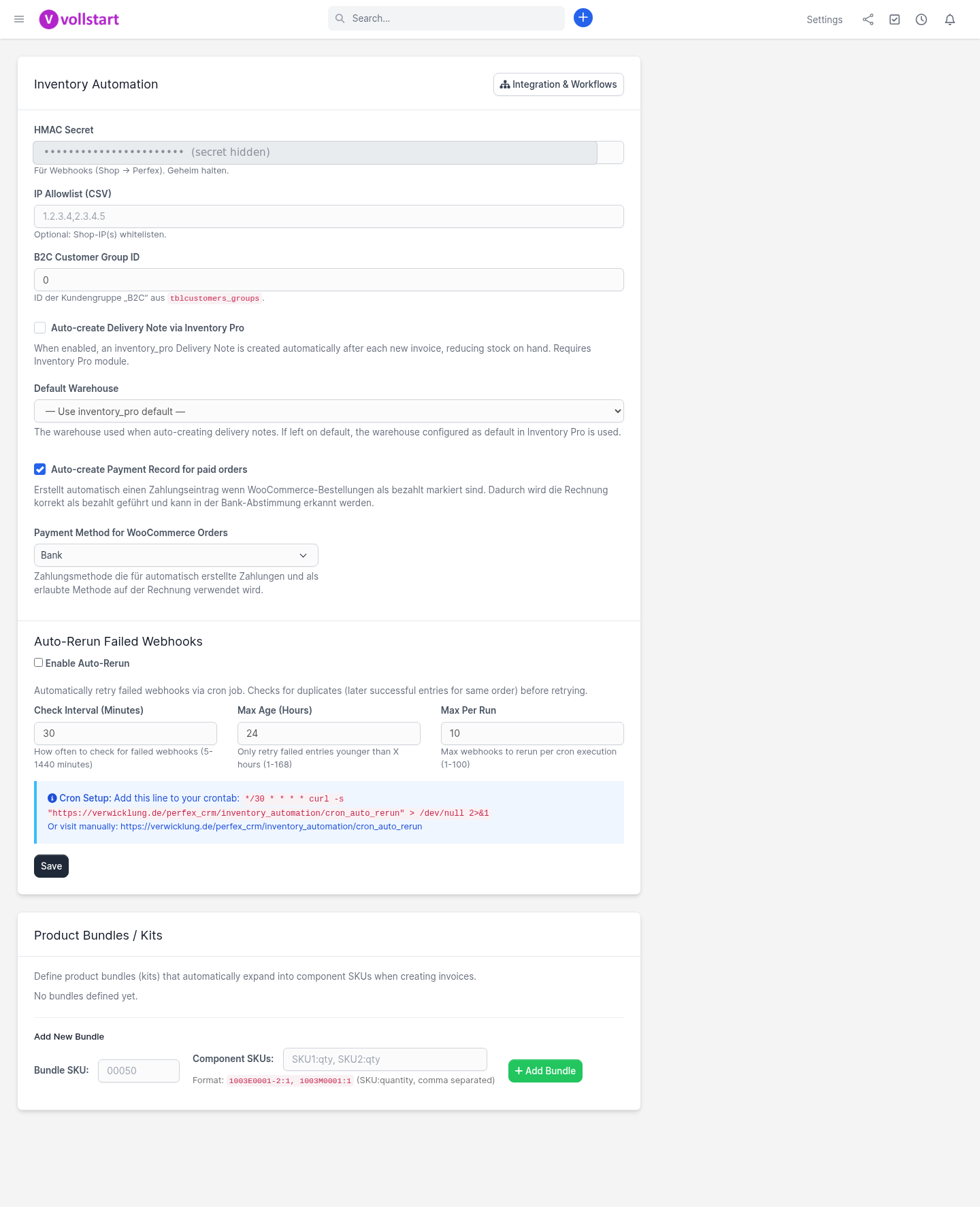 Inventory Automation settings in Perfex CRM — HMAC, bundles, auto-delivery and auto-rerun