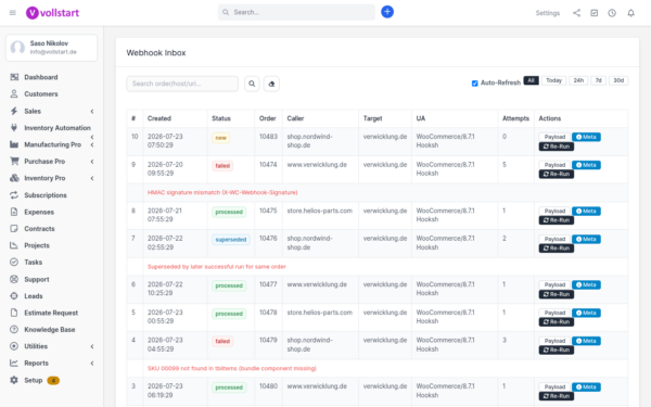 Inventory Automation Webhook Inbox in Perfex CRM — WooCommerce orders with status, caller and replay actions