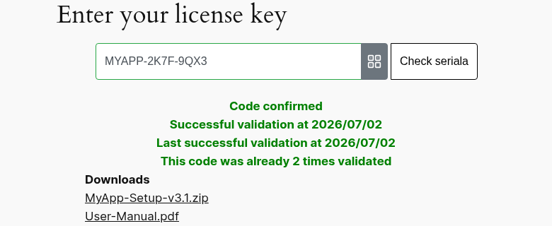 Download links (software file and manual) shown after a serial code is confirmed
